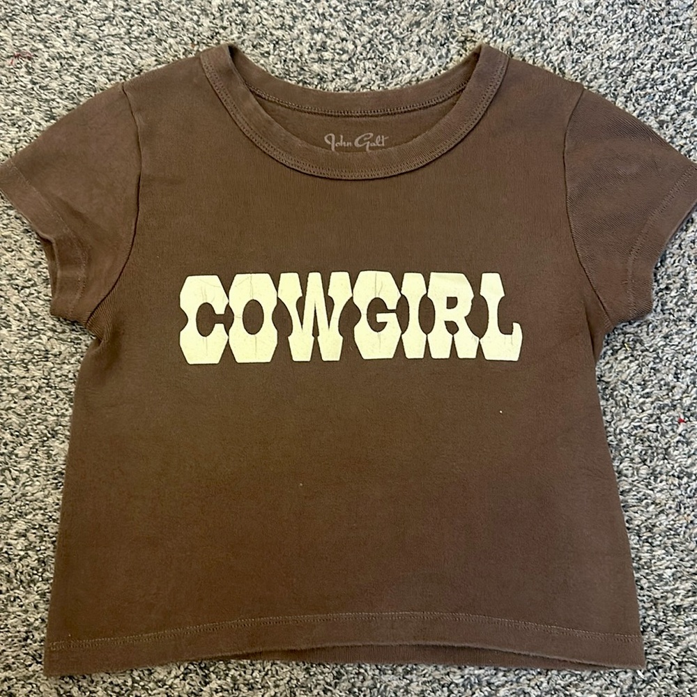 Brown Cropped cap sleeve “Cowgirl” shirt